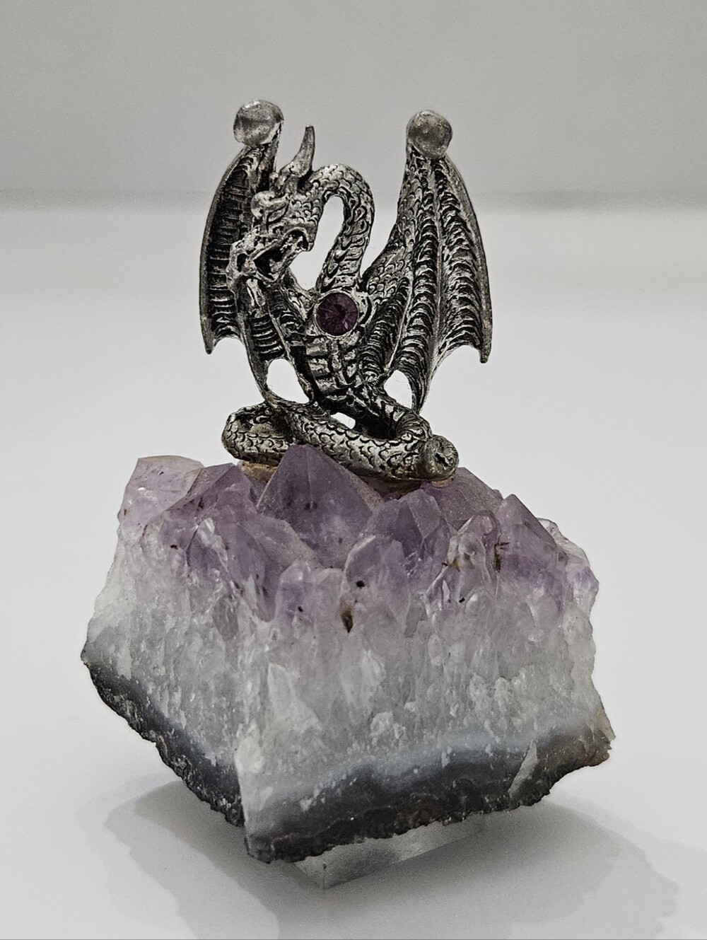 Vintage Myth & Magic Pewter Dragon Figurine on Raw Amethyst Crystal